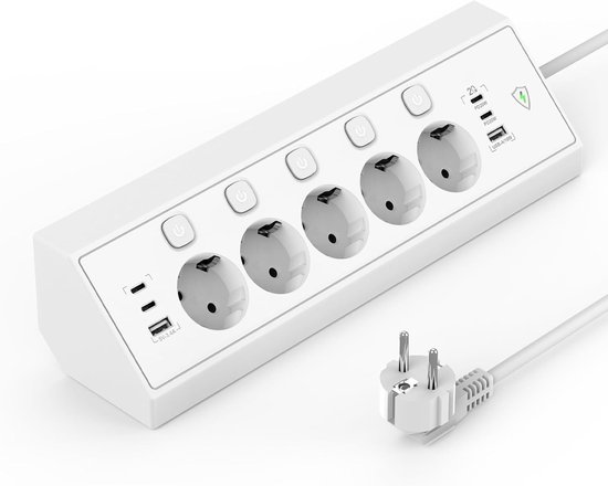Hoekstopcontact Met 2 USB En 2 Type-C – 4-voudig, Met Schakelaar, Overspanningsbeveiliging En 2 Meter Kabel (zwart)
