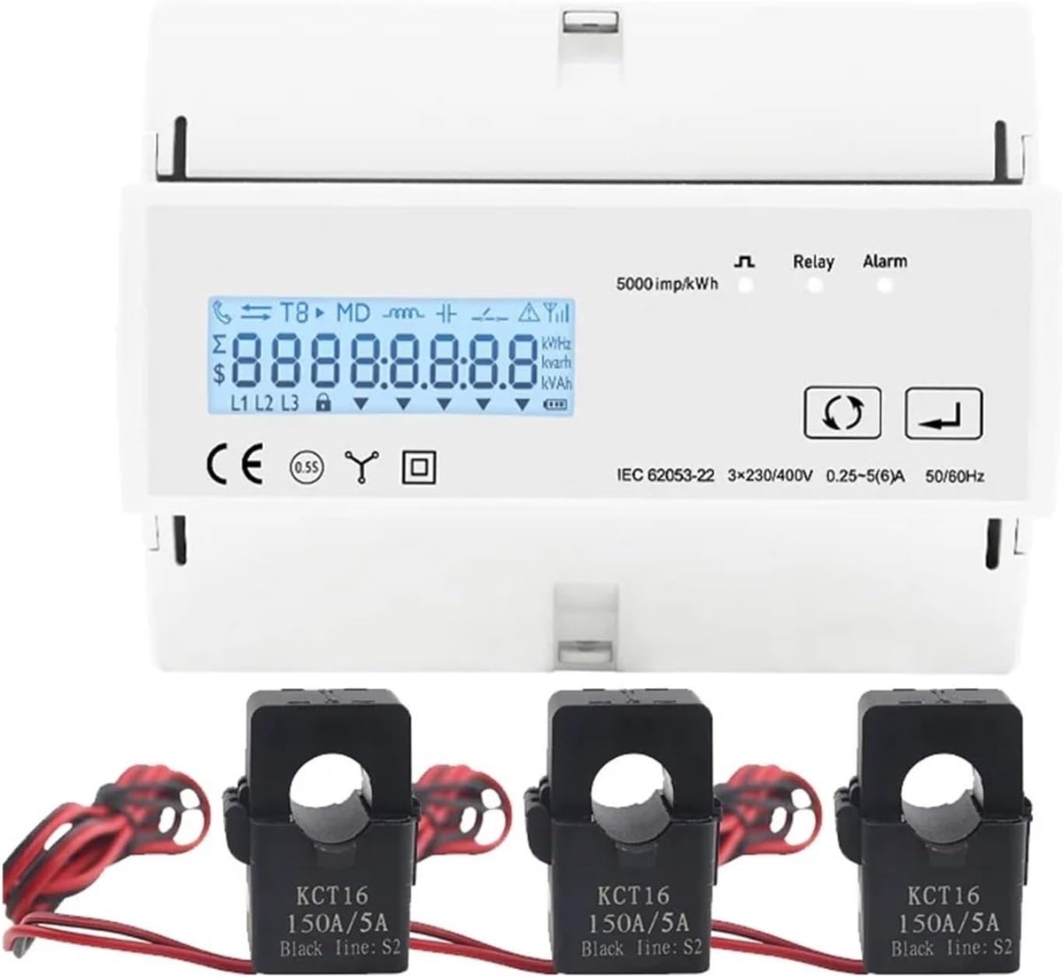 Slimme Meter - Energiemonitor Verbruiksmeter - Energieverbruik Meten - 3 Fase Bidirectioneel - Met 3 CTs - Zwart