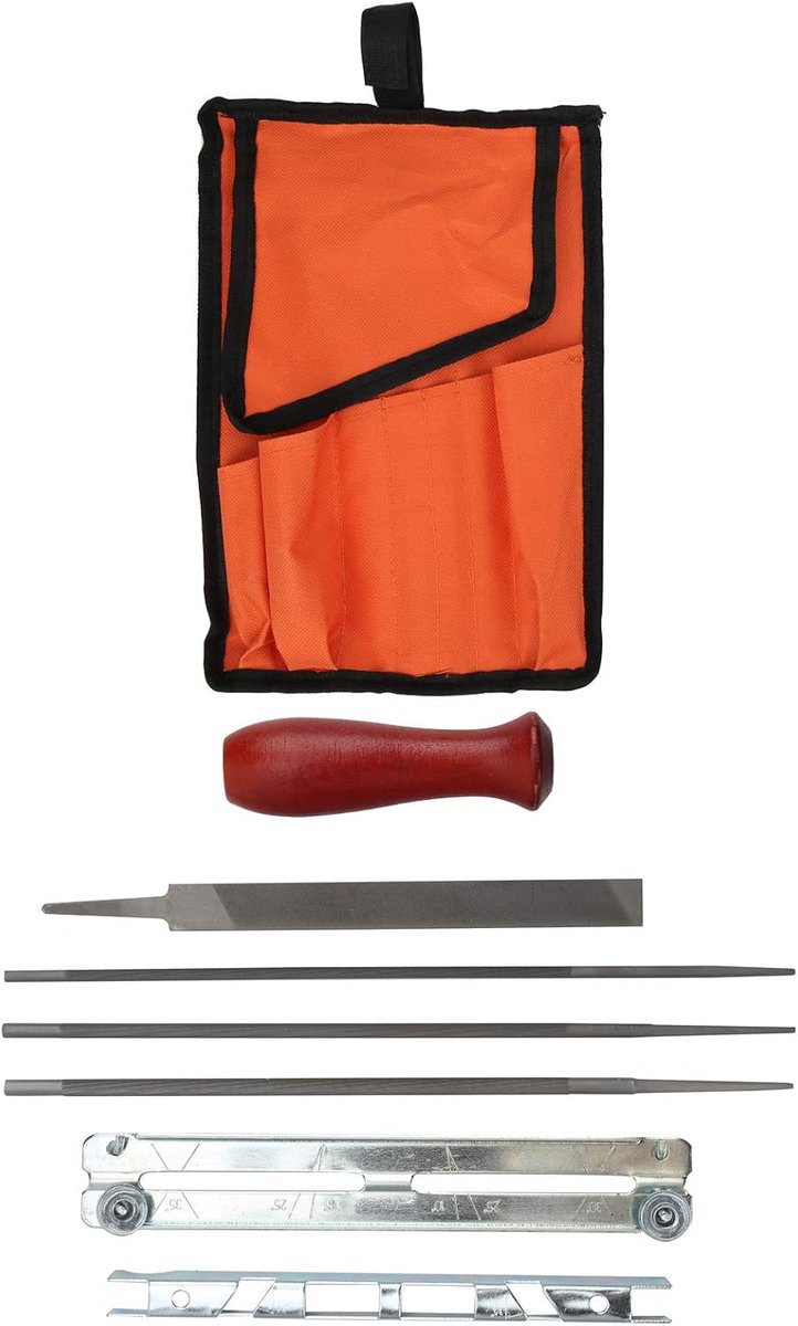 Slijpset Kettingzaag - Vijlslijperset Onderhoud - Efficiënt Slijpen - Gegraveerde Hoekmarkeringen - 8 Delig Gereedschap - Oranje Tas
