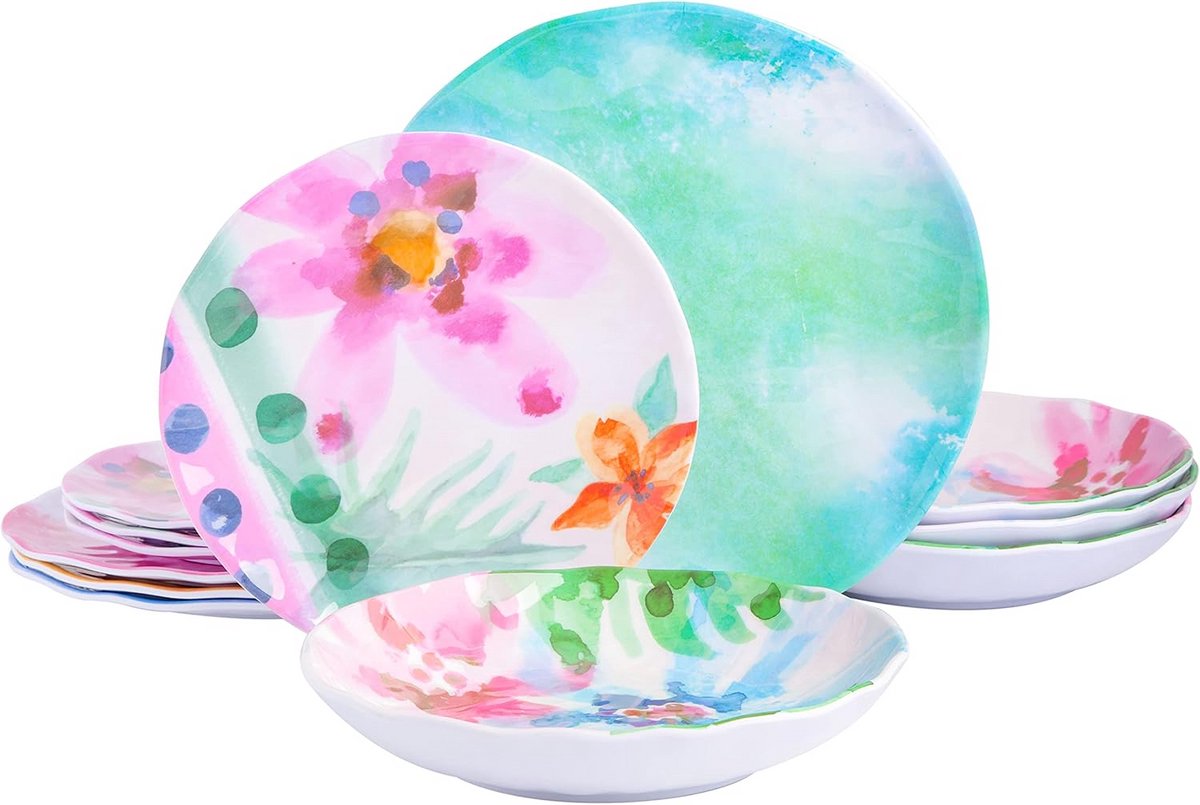Servies Set voor 4 Personen 12-Delig Melamine Gekleurd en Versierd