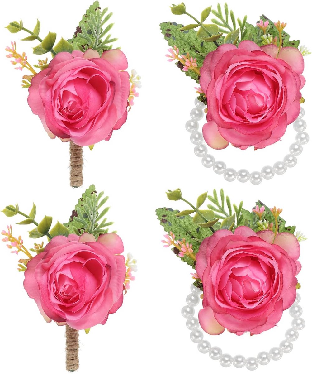 Set van 4 Roze Polscorsage en Boutonnieres Bloem voor Bruiloft en Feest
