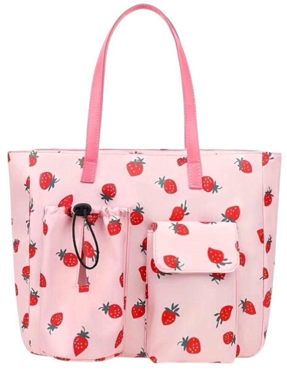 Twenty Two grote Tote Bag voor dames | schoudertas | grote capaciteit | schoudertas voor vrouwen | water cup Tote Bag met vakken en ritssluiting | handtas voor vrouwen | reistas |36x10x32cm| roze/rood aardbeien patroon