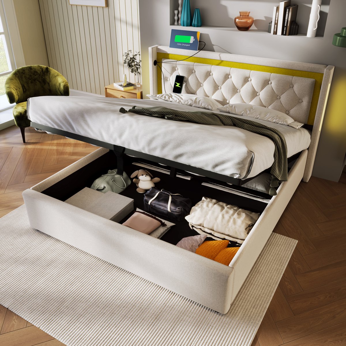 MODFU Bedframe 140x200 cm van katoen, met opbergruimte, LED en USB/Type-C, beige