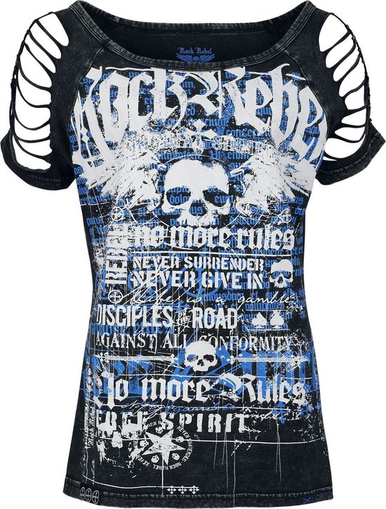 Dames T-shirt met opdruk 'Rock Rebel', doodshoofd, vleugels en tekst in wit en blauw.