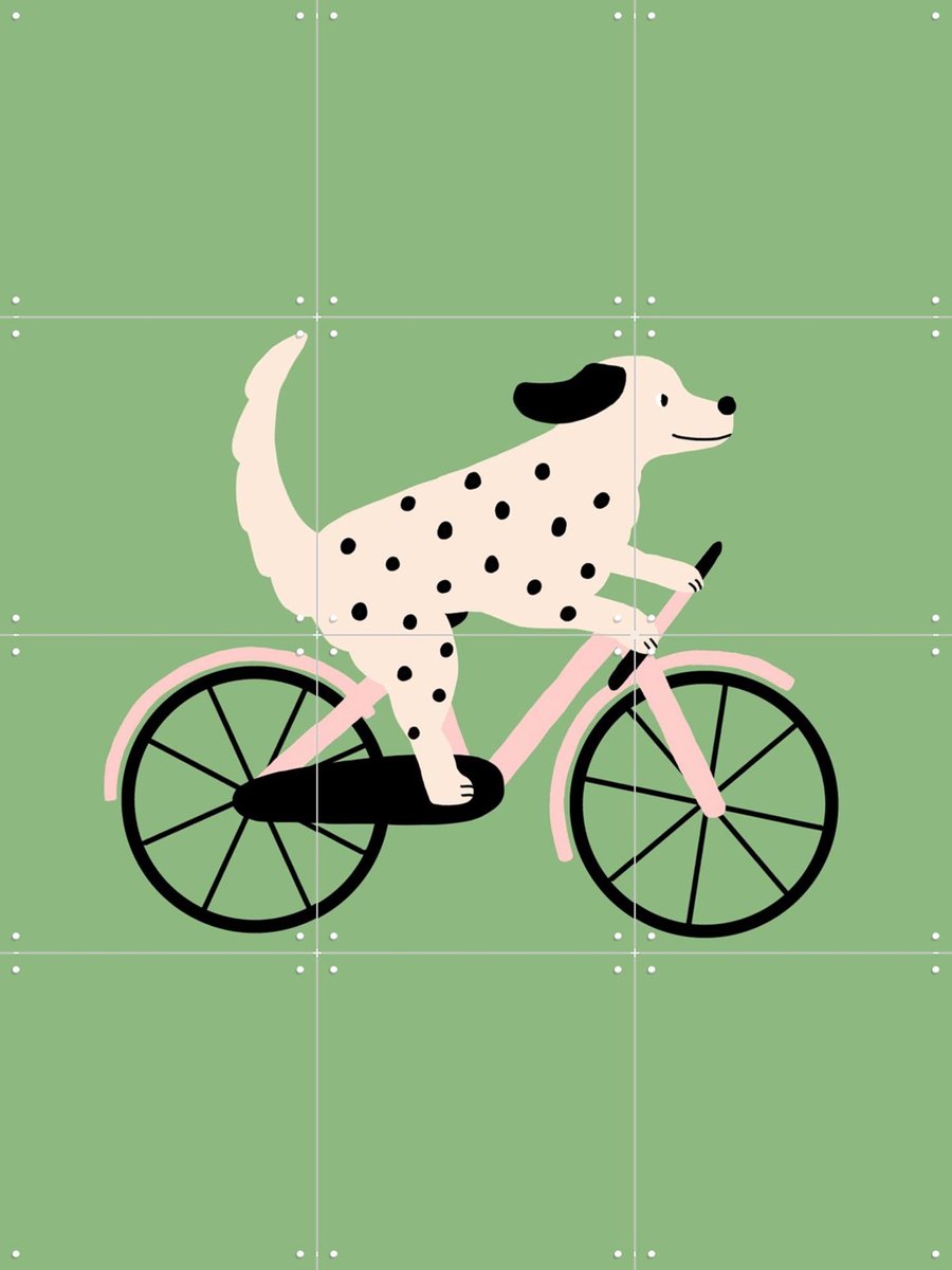 IXXI Spotted Dog Riding a Bicycle, Maren Gross & Various - 60 x 80 cm - Gratis ophangtool - Grote wanddecoratie en posters - Grafisch Ontwerp