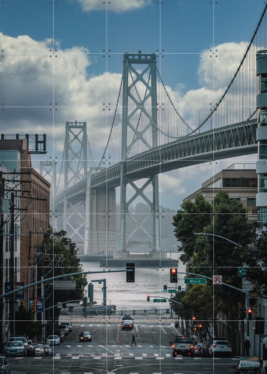 IXXI Bay Bridge, Tristan Zhou - 100 x 140 cm - Gratis ophangtool - Grote wanddecoratie en posters - Fotografie, Woonkamer, Mancave, Architectuur