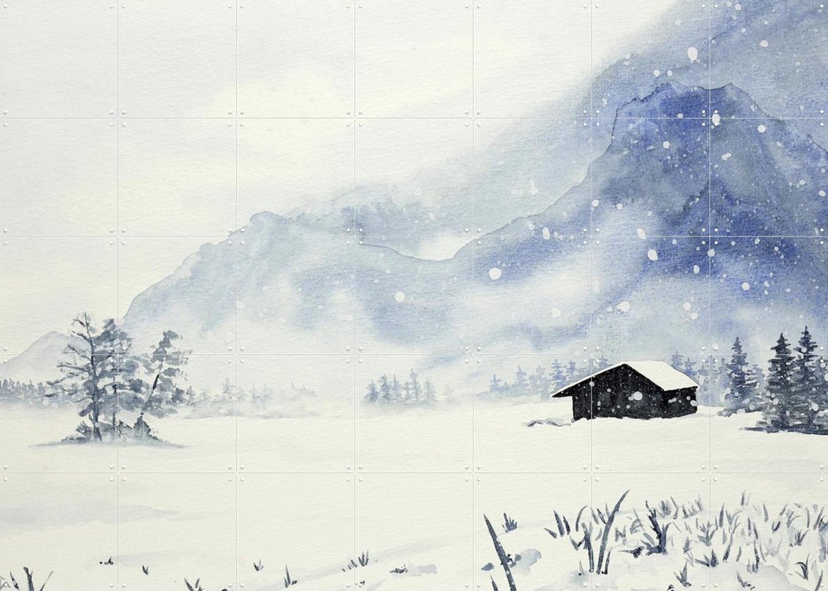 IXXI Snowfall at the Remote Wooden Cabin, Natalie Bruns - 140 x 100 cm - Gratis ophangtool - Grote wanddecoratie en posters - Aquarel, Impressionisme