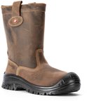 Donkerbruine leren werklaars met zwarte zool, stiksels en Sixton Peak logo.