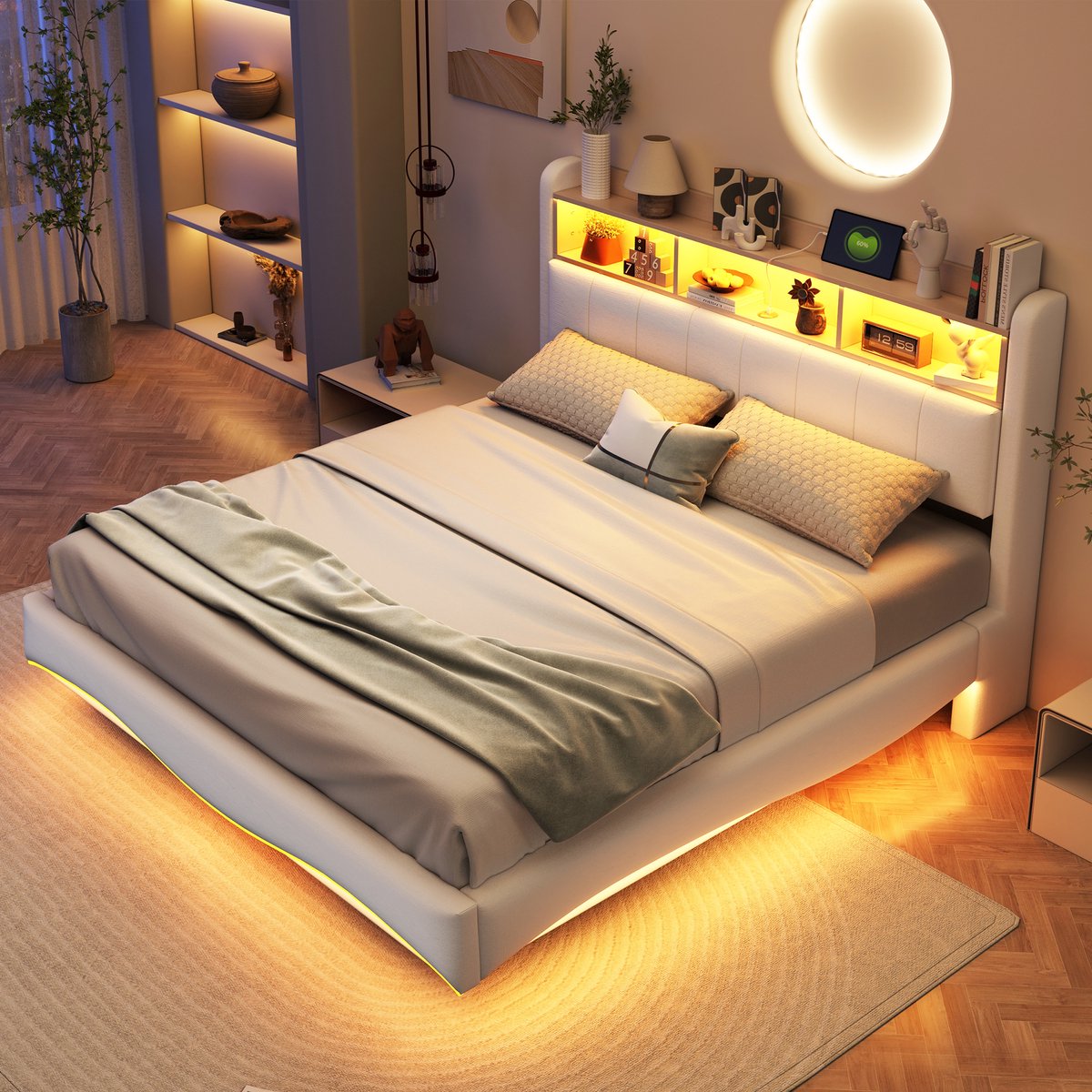 FloraGrace Gestoffeerd Bed 160x200cm – Zwevend Design Met Ledverlichting – Met Usb En Type C Aansluiting – Hoofdbord Opbergruimte – Zonder Matras – Beige