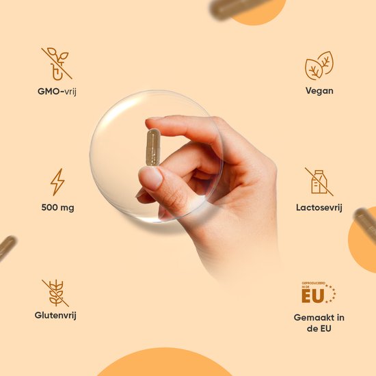 Hand met een kurkumacapsule, omringd door pictogrammen: GMO-vrij, vegan, lactosevrij, 500 mg, glutenvrij en EU-geproduceerd.