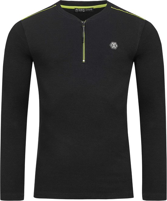 Zwart geribbeld shirt met neongele accenten, rits bij de hals en Redbridge logo.