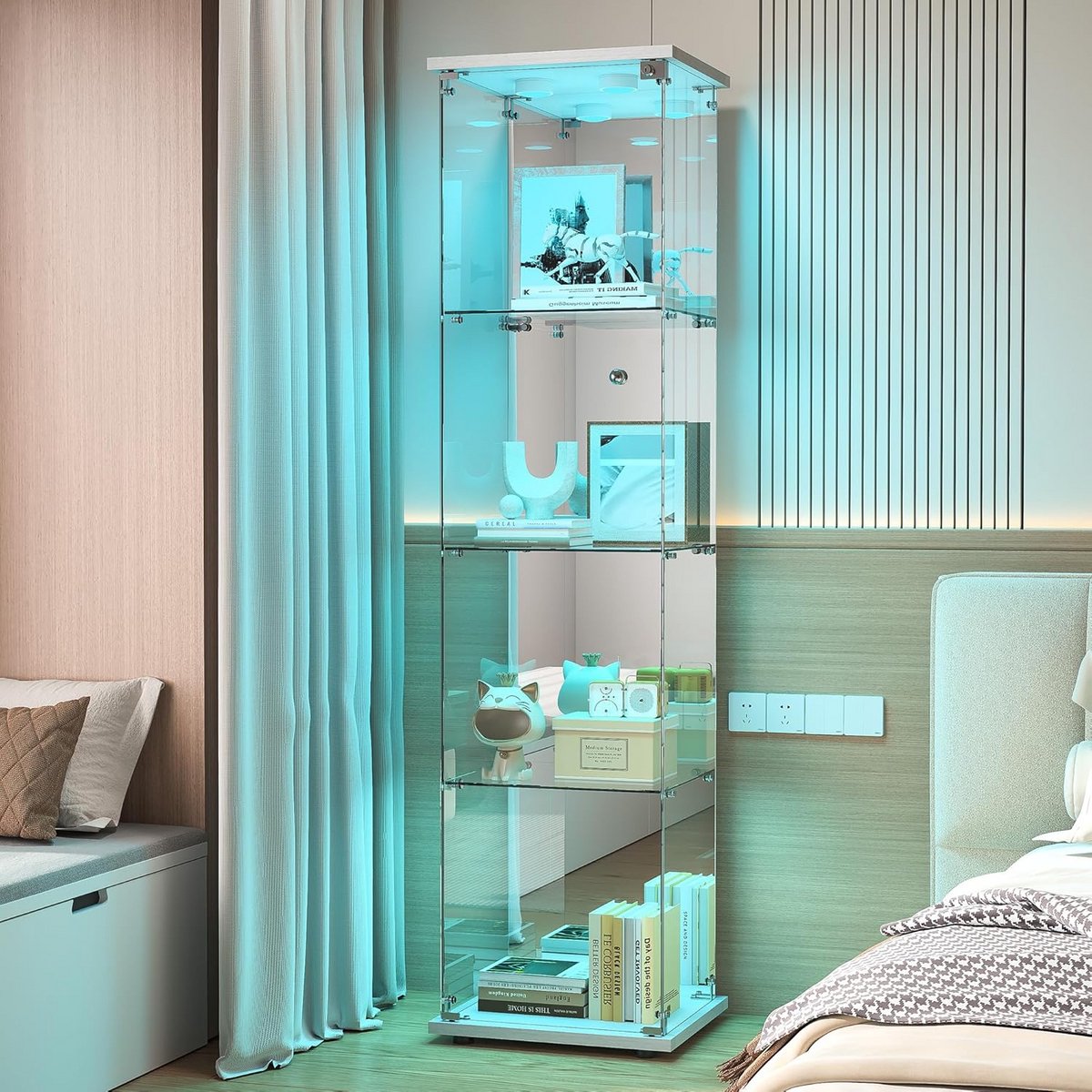 Glazen Vitrinekast met LED Verlichting en Spiegelbodem voor Collecties