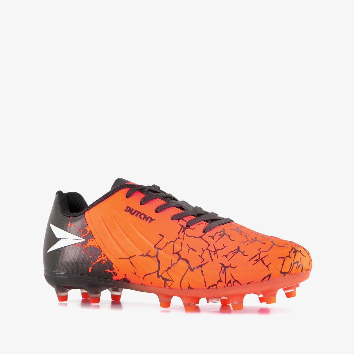 Oranje-zwarte Dutchy FG voetbalschoenen voor kinderen, maat 38, met rubberen noppenzool en imitatieleer bovenwerk.
