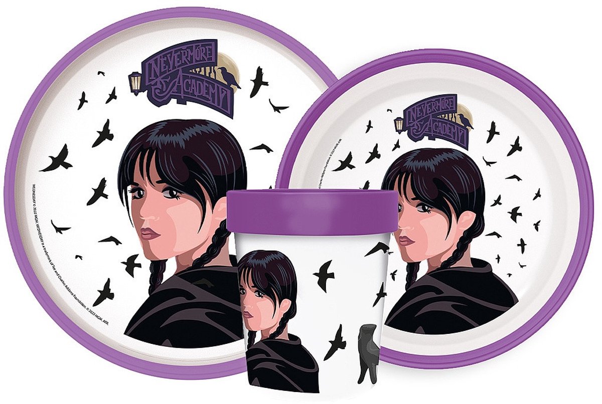 Wednesday Nevermore Academy antislip dinerset, micro plastic set