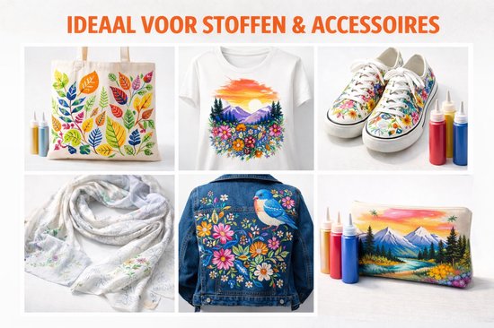 Une composition de créations peintes avec de la peinture textile : un sac orné de feuilles, un t-shirt fleuri, des baskets, une écharpe, une veste en jean avec un oiseau et des fleurs, et une trousse.