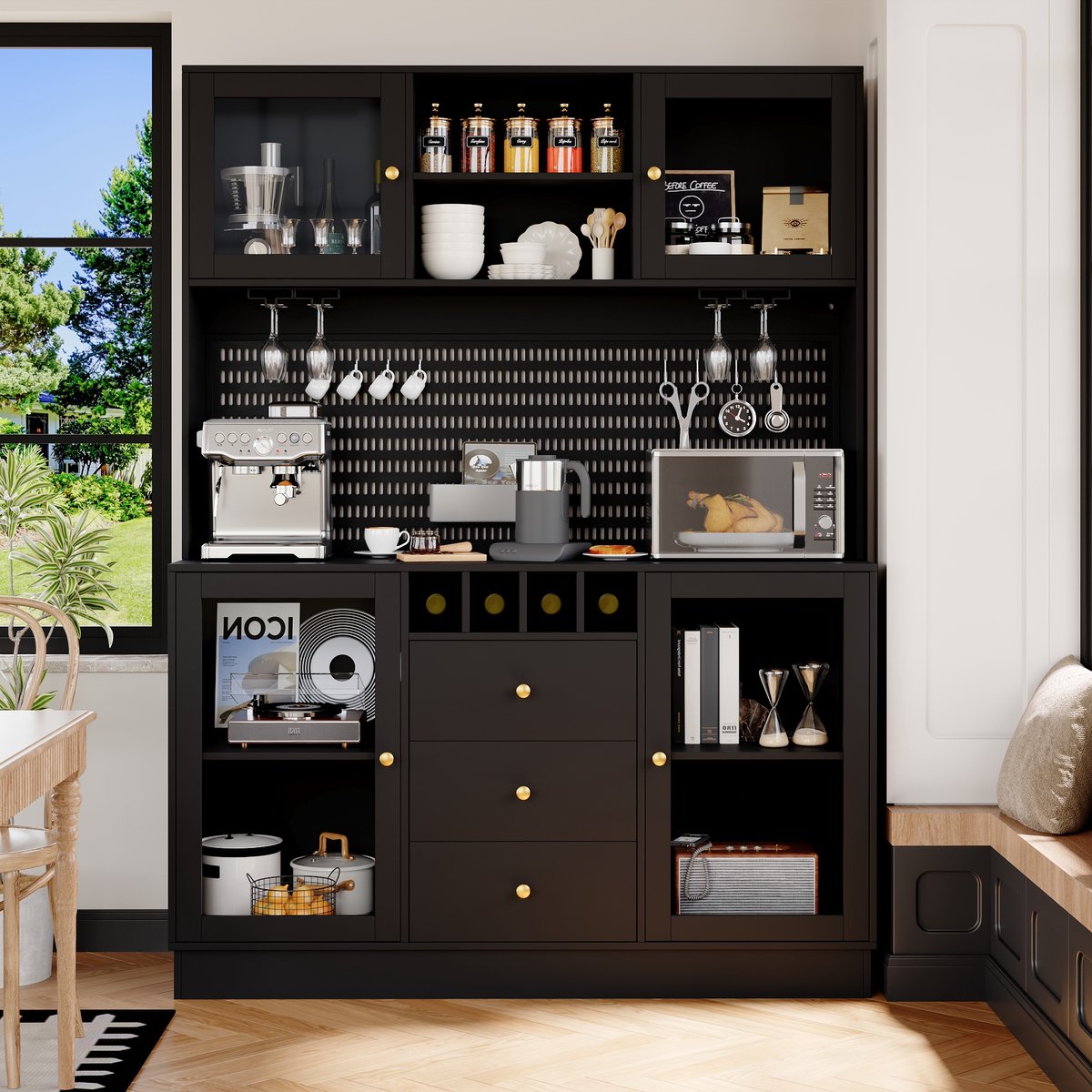 Sweiko Keukenkast - Dressoir - LED-verlichting - Met wijnrek - Verstelbare planken - Zwart