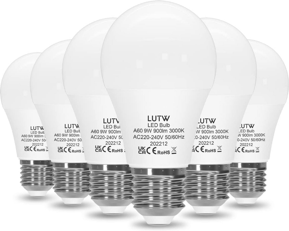 Set van 6 LED Lampen E27 9W Warm Wit 3000K - 900 Lumen, Energiezuinig