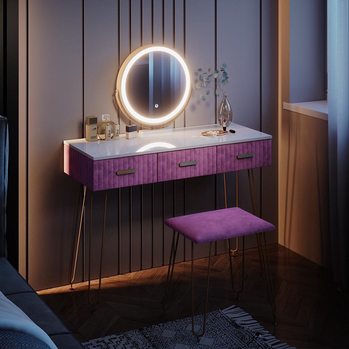 Make-up Tafel met Kruk en LED Spiegel 100 cm Roze/Wit