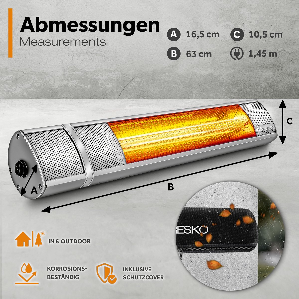 TRESKO infrarood warmtestraler, 2000 W, met afstandsbediening, elektrisch, voor op het terras, met 3 warmtestanden, terrasstraler, voor binnen en buiten, wandverwarming, infraroodstraler, straler voor de luiertafel – foto 6