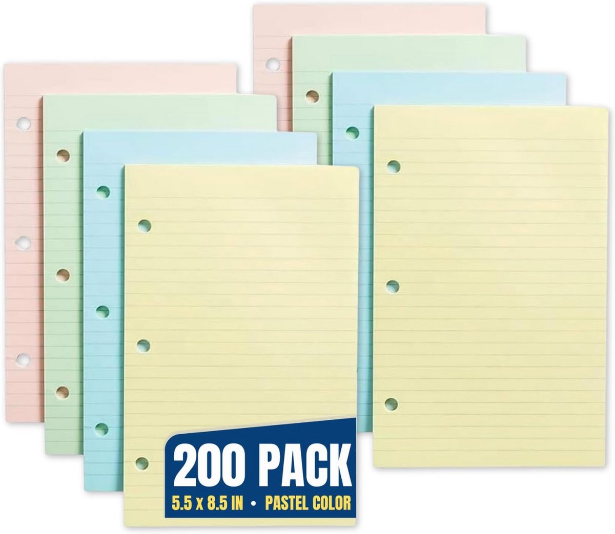 Mini College Gelijnd Vulpapier Losse Blad, Pastelkleuren, 200 Vel, 5,5 x 8,5 Inch, 3-Gaats