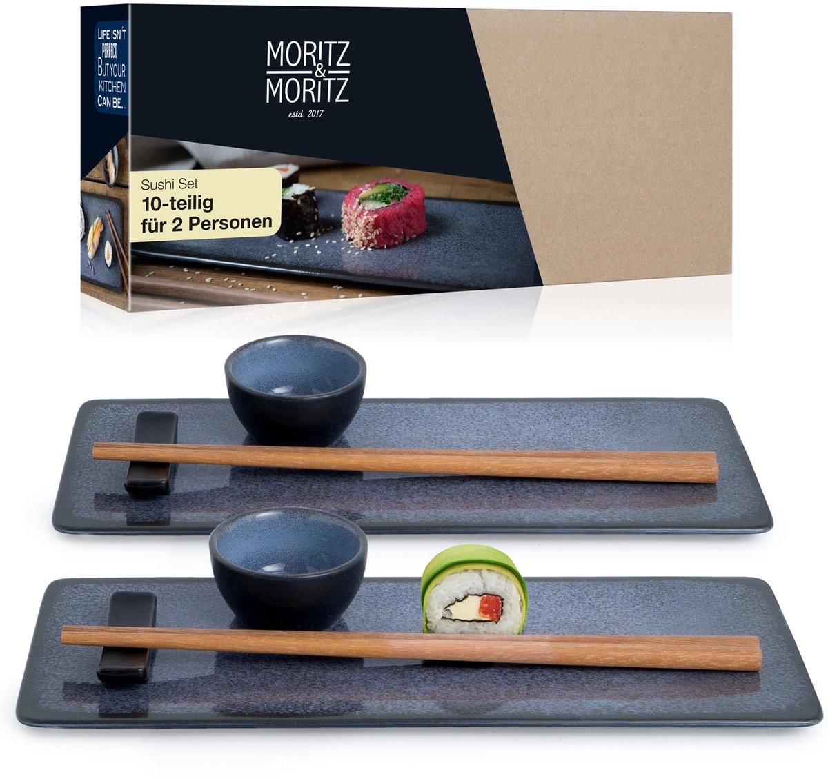 Moritz & Moritz VIDA 10-delige Sushi Serviesset voor 2 Persoons - Blauw Sushi Serveerset met 2x Sushi Borden, Dip Schaaltjes en Eetstokjes