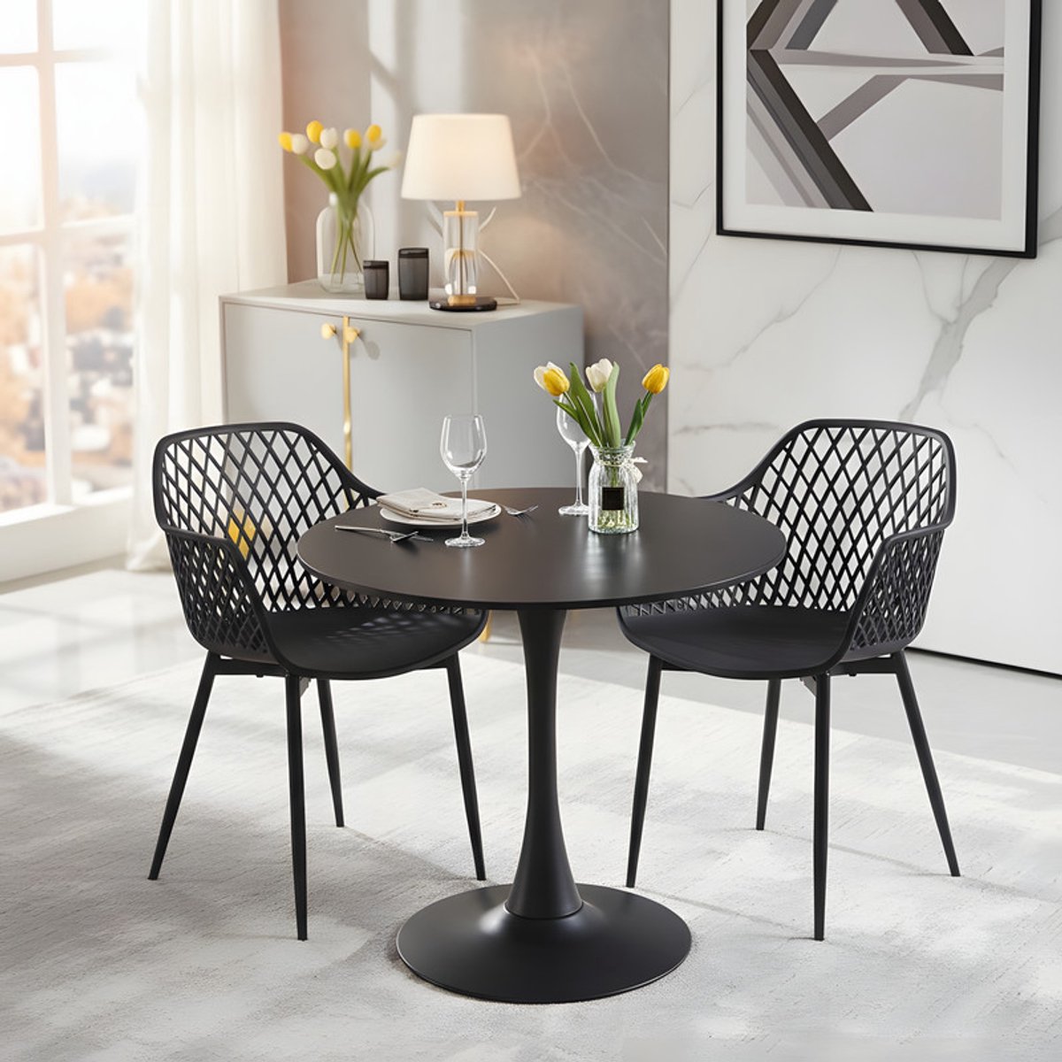 EGGREE eettafel en stoelen set, zwarte tafel Ø 70 cm met 2 stoelen - voor bar - kookeiland - café en eetkamer
