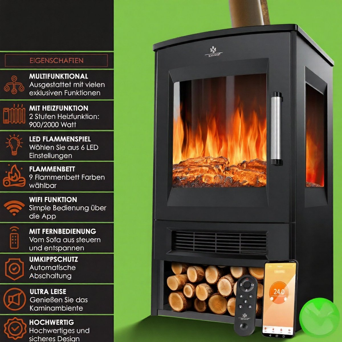 Elektrische Haard met Wifi & Afstandsbediening – Casa Velluto Firenze Smart Sfeerhaard 900W/1800W – 9 LED Vlamkleuren – Vrijstaand – Thermostaat & Timer – Zwart – 74,5 cm