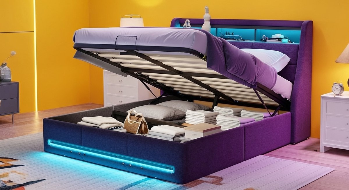 Gestoffeerd Tweepersoonsbed 140x200 cm – Casa Velluto Luminia LED Opbergbed met Hydraulisch Frame, USB-poorten, Hoofdeinde met Opbergvak en Lattenbodem – Grijs