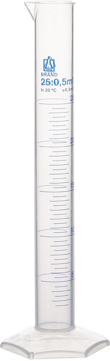 Meetcilinder met zeskantvoet Hoge Vorm 25 ml PP Glashelder