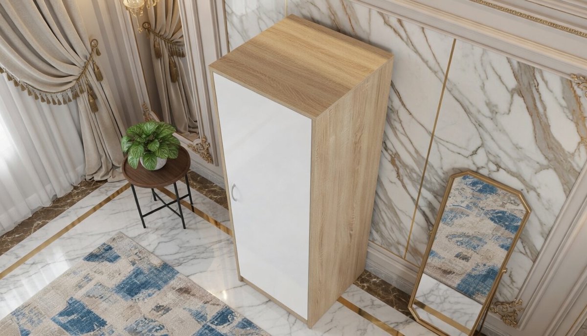 Kledingkast met Deur – Casa Velluto SlimSpace 45 – Smalle Garderobekast met 1 Kledingstang en 2 Legplanken – Mat Sonoma Wit – Slaapkamerkast, Halmeubel of Woonkamerkast – 45x55x193 cm