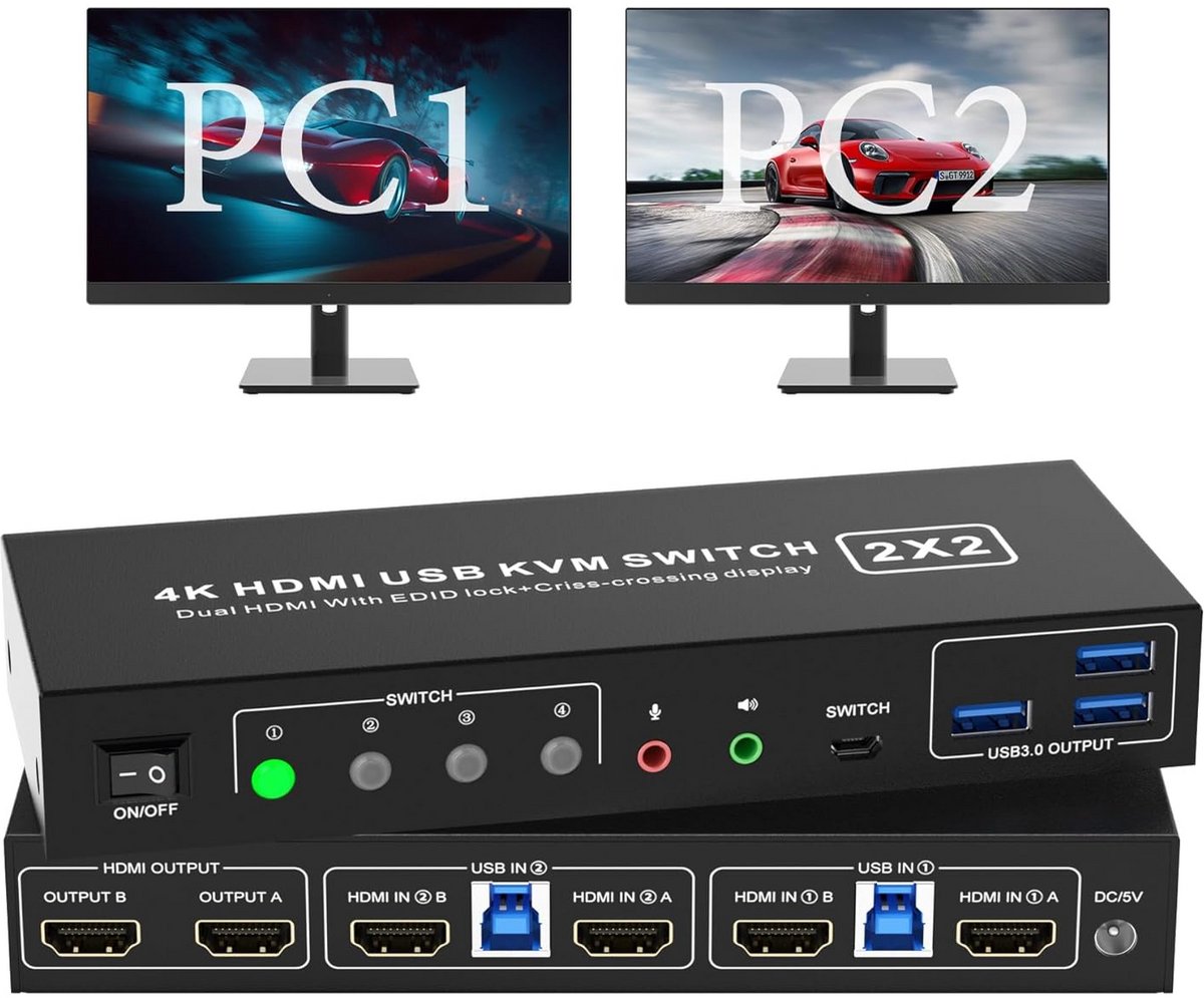 KVM Switch 2 Computers 2 Monitoren 4K 60Hz met USB 3.0 en Audio-uitgang
