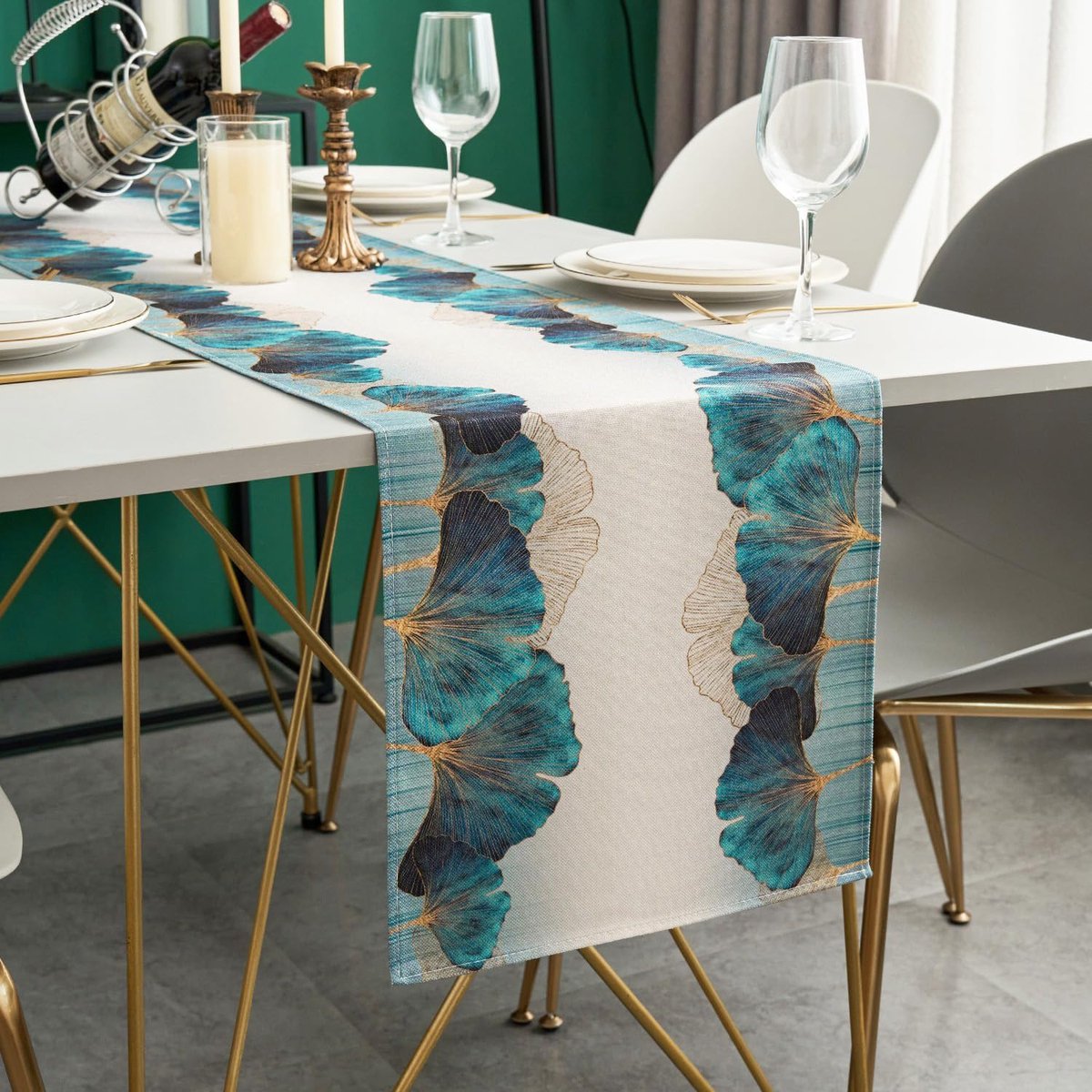 Moderne Tafelloper Groen Goud Ginkgo Bladeren - Wasbaar Tafelkleed 33x183 cm