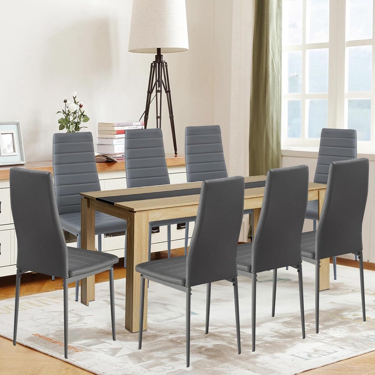 Eetkamerset Tafel met 8 Stoelen Rechthoekig 160 cm Eikenlook Zwart met Grijze Kunstleren S