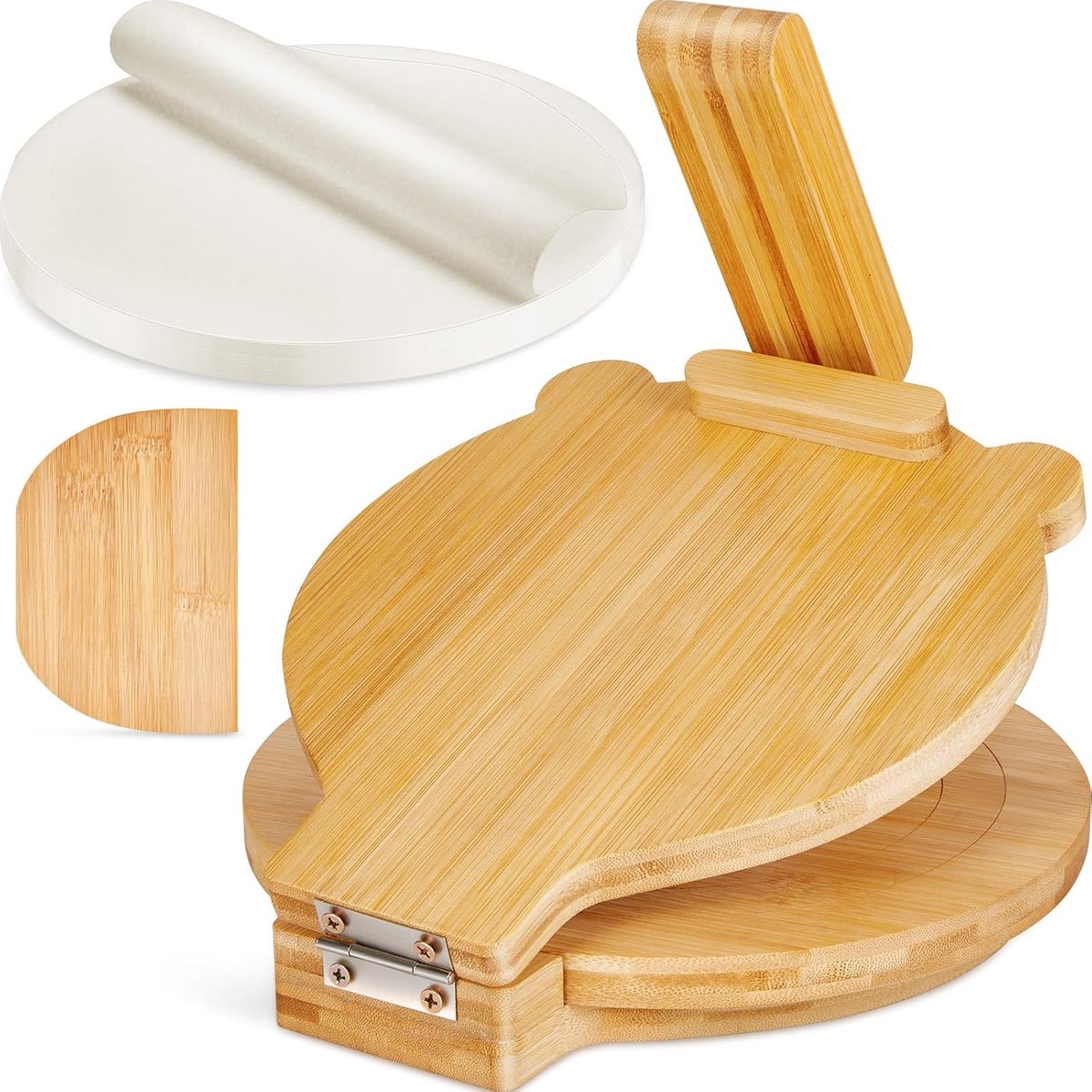 Houten Tortillapers Set met 200 Bakpapier en Houten Snijgereedschap