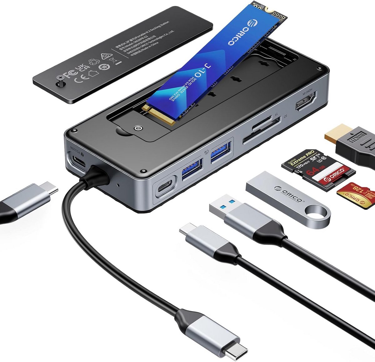 8-in-1 USB C Dockingstation met M.2 SSD Enclosure, 4K@60Hz HDMI en 100W PD