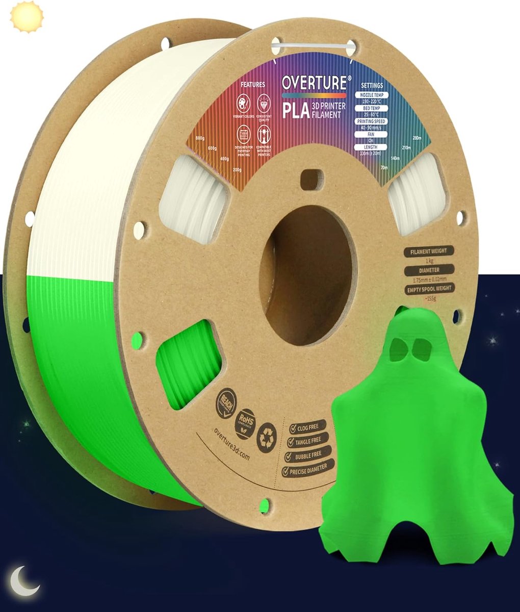 Glow in the Dark PLA Filament 1.75 mm, 1 kg, Groen, Hoge Precisie voor 3D Printer