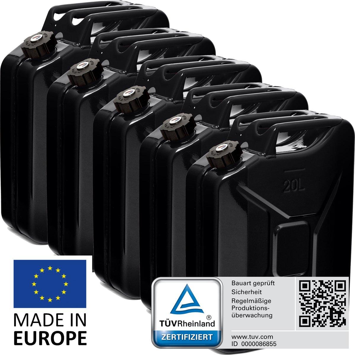 BW® Fuel Canister Metalen Benzineblik - Jerrycan 5x 20 liter met schroefdop - Zwart - TÜV-getest en UN-goedgekeurd - Gemaakt in Europa