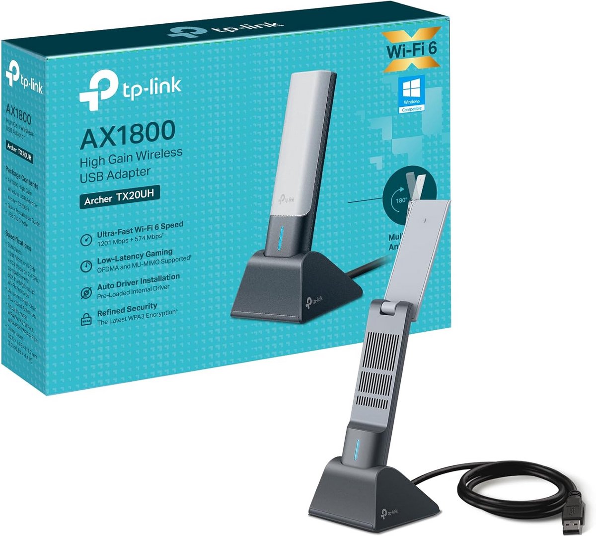 Draadloze USB Adapter - Wi-Fi Dongle - Snelle Internetverbinding - Wi-Fi 6 Dual-Band - 12cm Kabel - Zwart