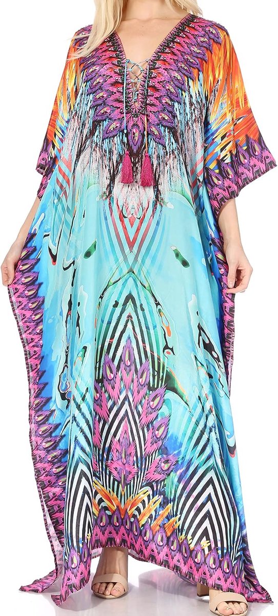Lange Kaftan Jurk - Strandjurk Cover-up - Vrije Tijd - Strass Versiering - V-hals