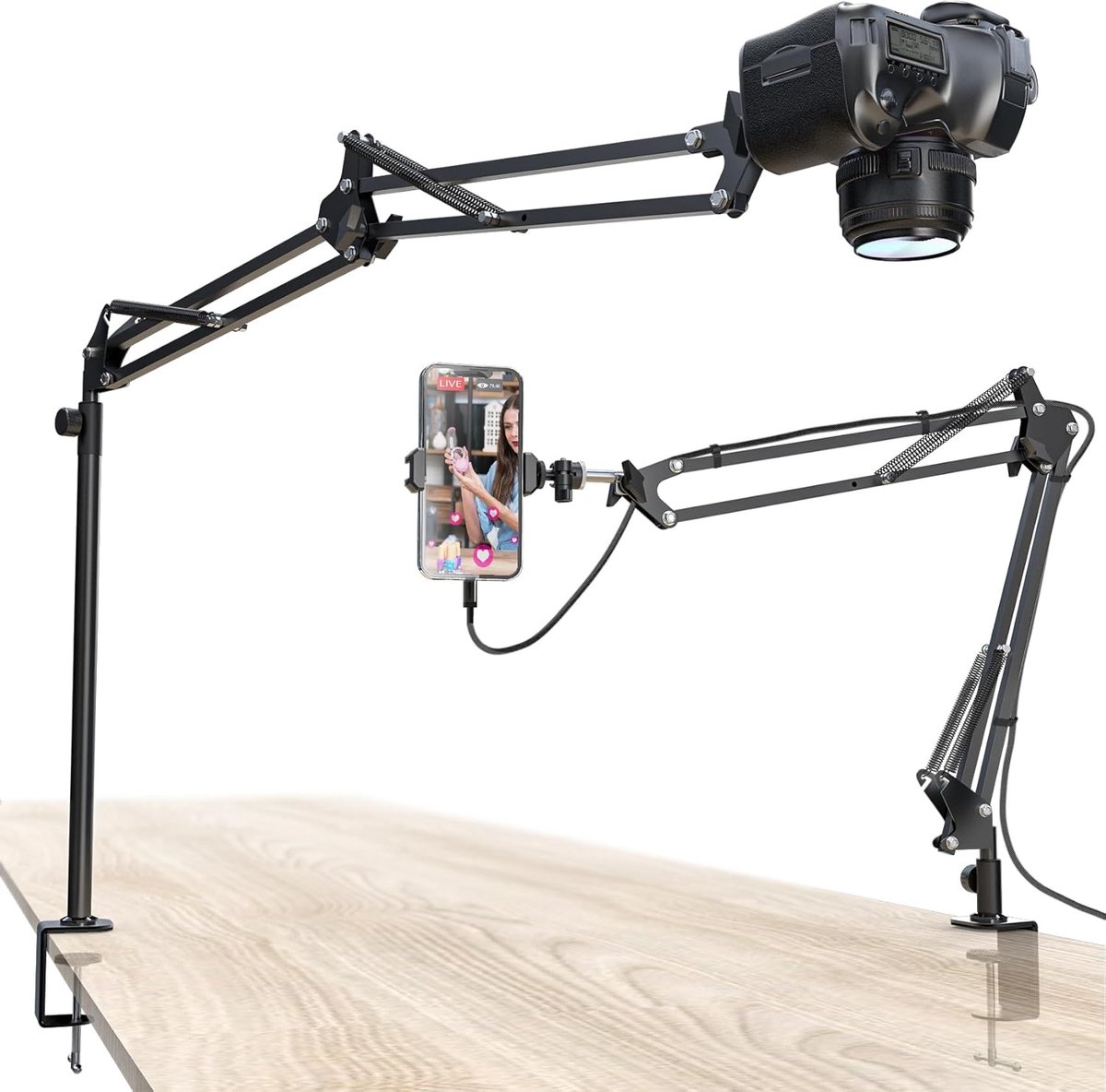 Verstelbare Camerastandaard voor Bureau met Telefoonklem - 360° Draaibaar