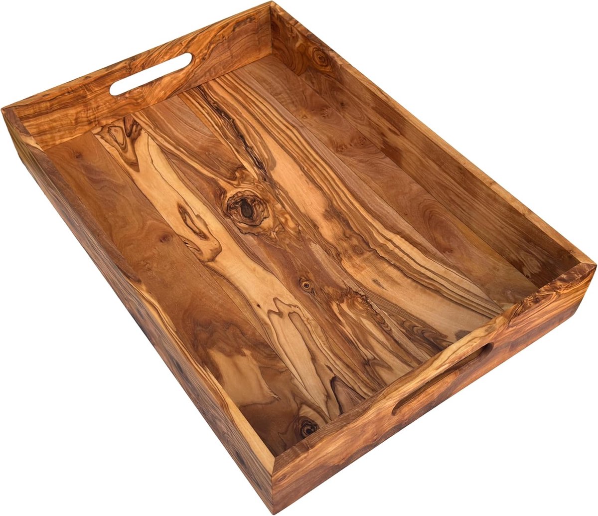 Handgemaakte Olijfhouten Serveerschaal Rechthoekig met 2 Handvatten - 47x32 cm