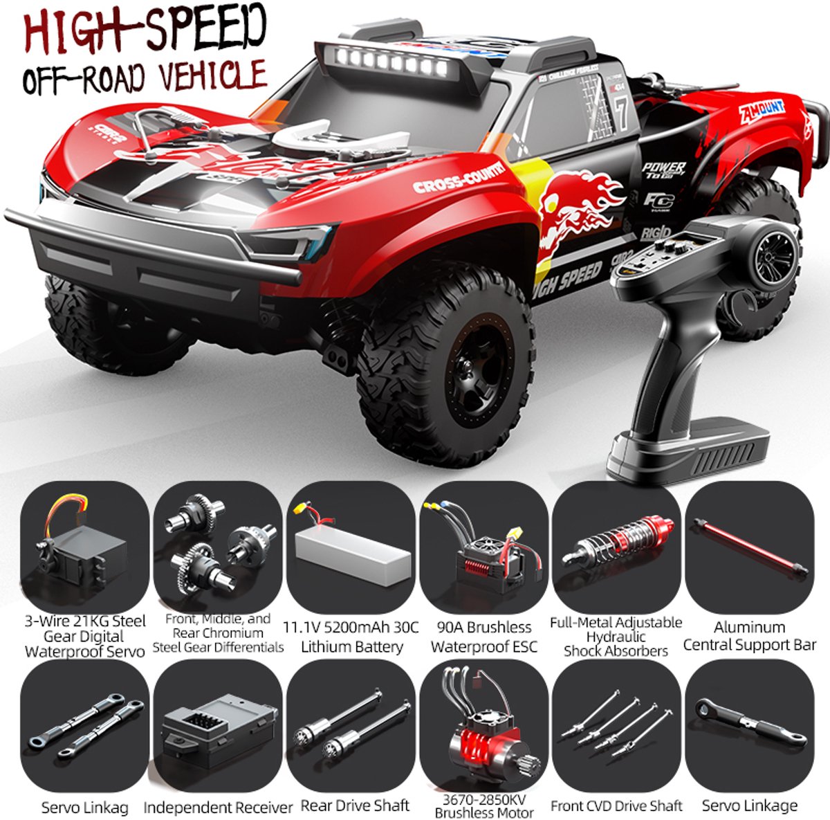 RC Off-Road Auto 4WD – 85 km/u – Brushless 3670KV Motor – 11.1V 5200mAh Accu – Waterdicht – Metalen Schokdempers & Differentieel – Afstandsbediening