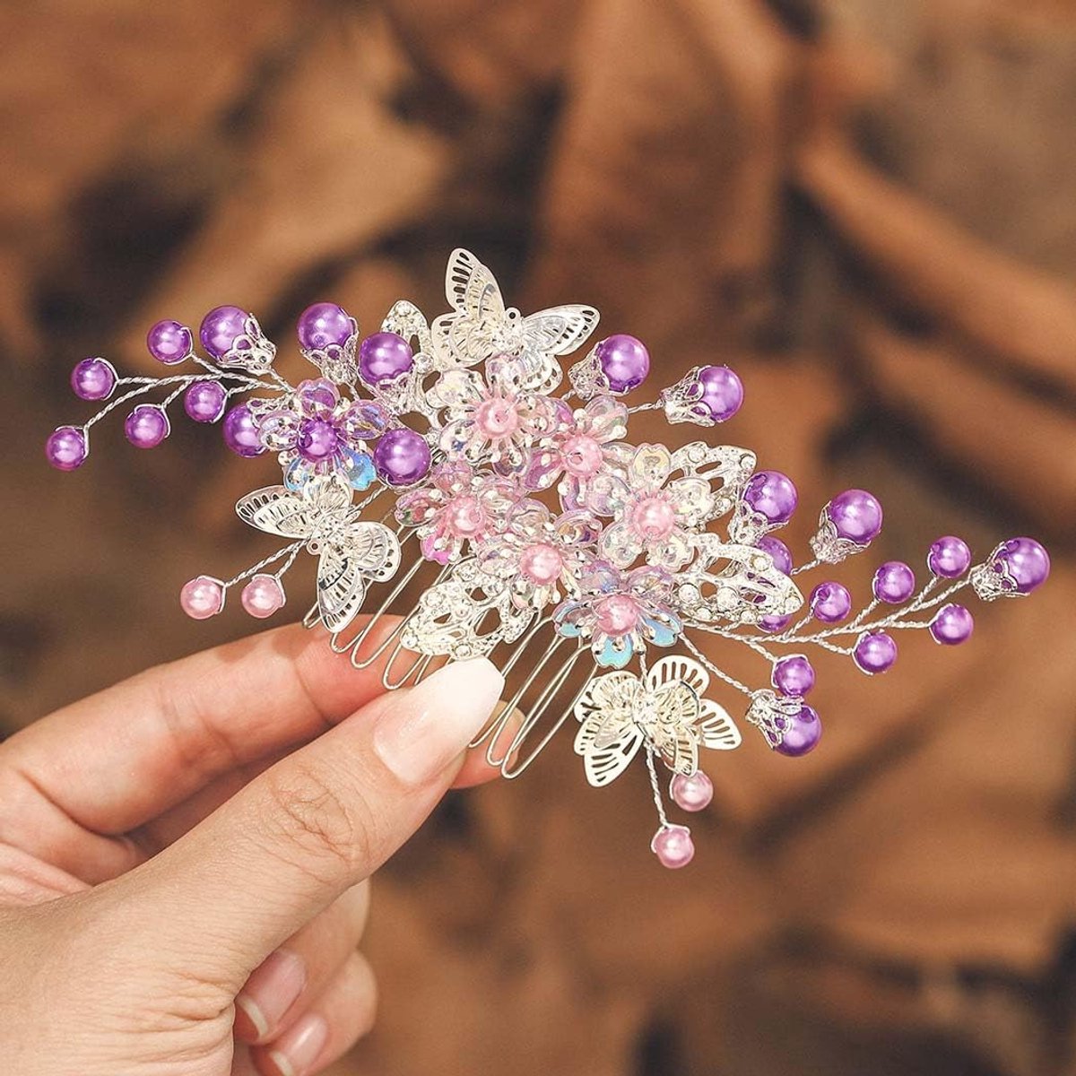 Paarse Bruidshaarkam met Zijden Bloem en Vlinder - Haaraccessoire voor Bruiloft en Feest