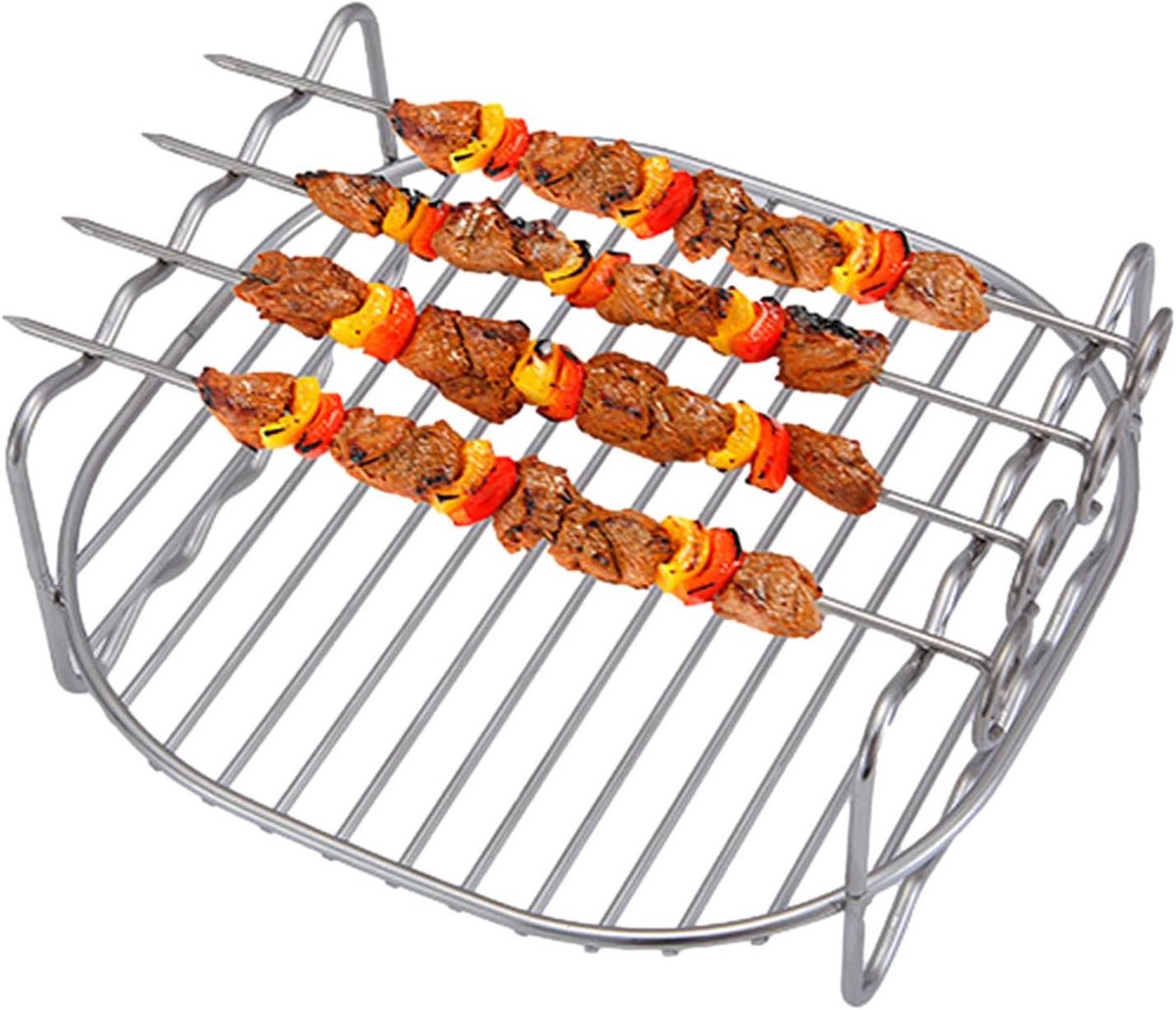 Dubbellaags RVS Airfryer Rack met Spiesjes - Universele Heetluchtfriteuse Accessoires