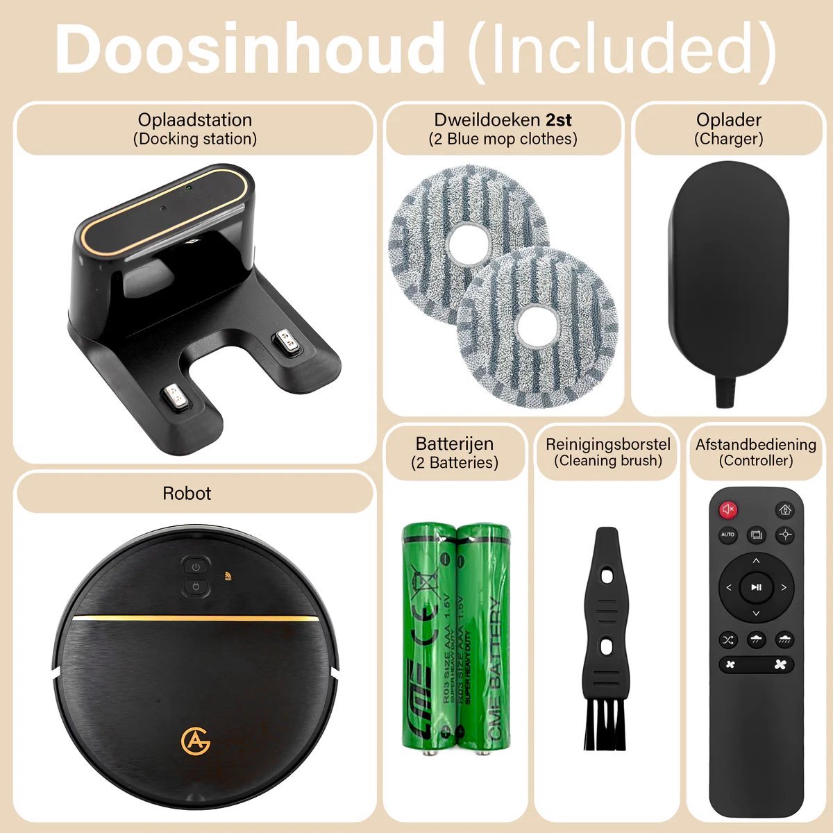 AG Robotstofzuiger met Dweilfunctie – 4500 Pa Zuigkracht – 120 minuten – Oplaadstation – App & Afstandsbediening – Ideaal voor Huisdierhaar, Harde Vloeren en Tapijt – Luxe 2-in-1 Dweilrobot – Gold Stripe Design – 2500 mAh - Black Gold Edition — afbeelding 6