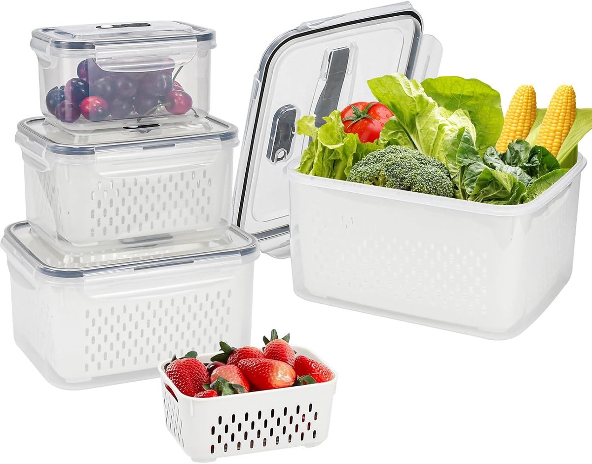 Set van 4 Vershouddozen Koelkast met Zeef en Deksel voor Groenten en Fruit