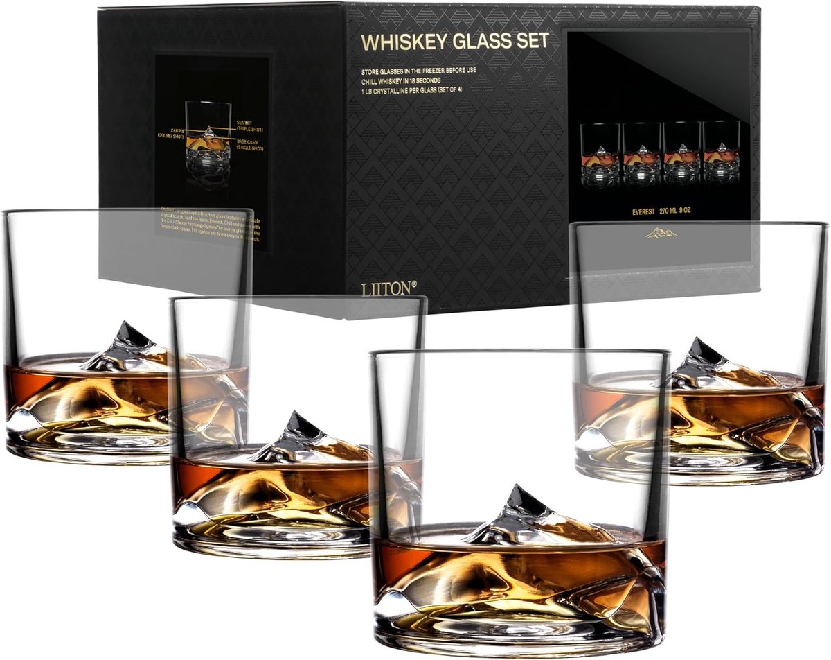 Whiskyglazen Set van 4 met Mount Everest Design en Koelsysteem