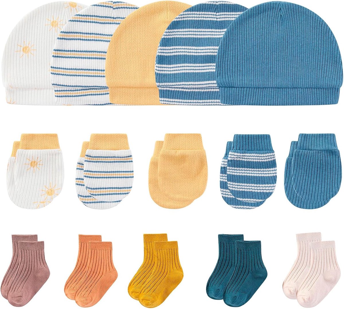 Schattige Katoenen Muts, Wanten en Sokken Set voor Pasgeboren Baby Jongen of Meisje (0-6 Maanden)