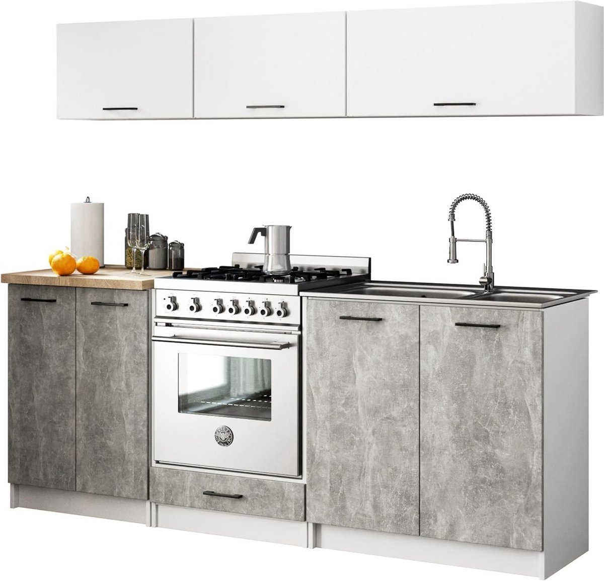 Complete Kleine Keukenwand 2 Meter Wit en Beton - Modern en Traditioneel Inbouwbaar Keukeneiland