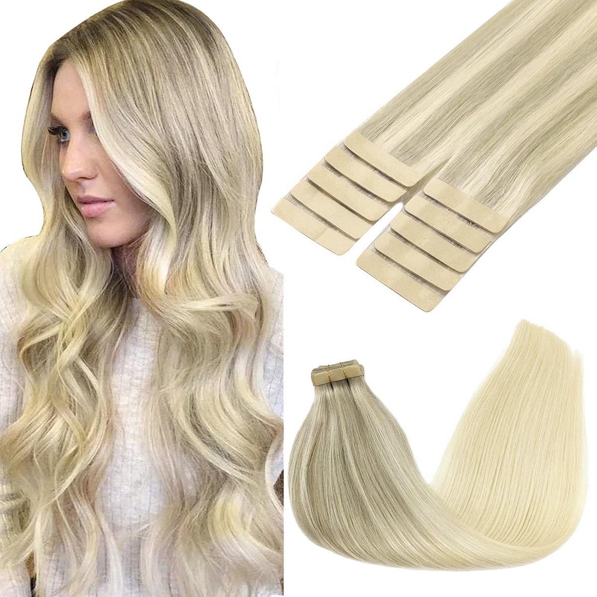 Tape in Haarverlenging Menselijk Haar 24 Inch - Blond & Platinablonde Kleuren